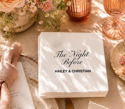 Personalized Night Before wedding napkins with black script typography and custom couple names on white paper napkins