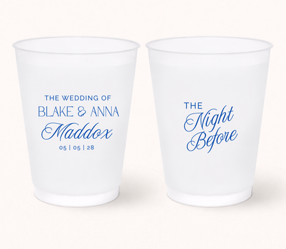 Personalized night before wedding frosted cups featuring custom couple names and wedding date