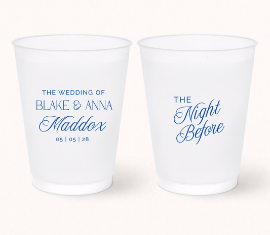 Personalized night before wedding frosted cups featuring custom couple names and wedding date