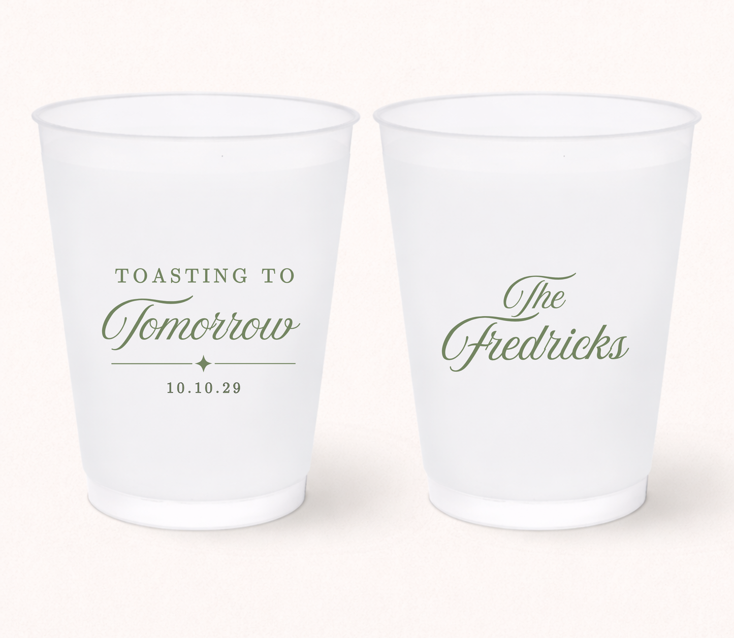 Personalized Toasting To Tomorrow frosted cups featuring custom family name and wedding date