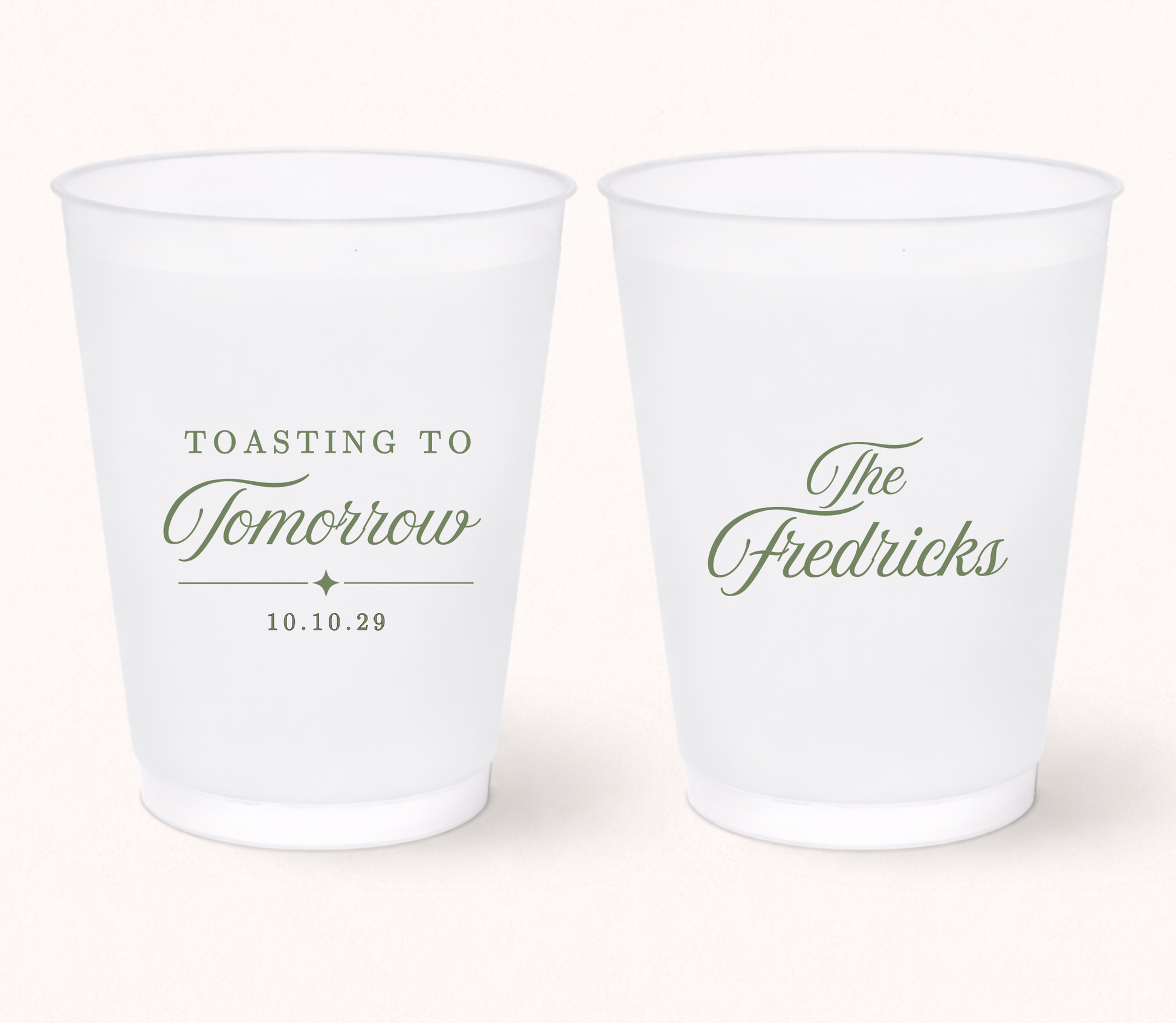 Personalized Toasting To Tomorrow frosted cups featuring custom family name and wedding date