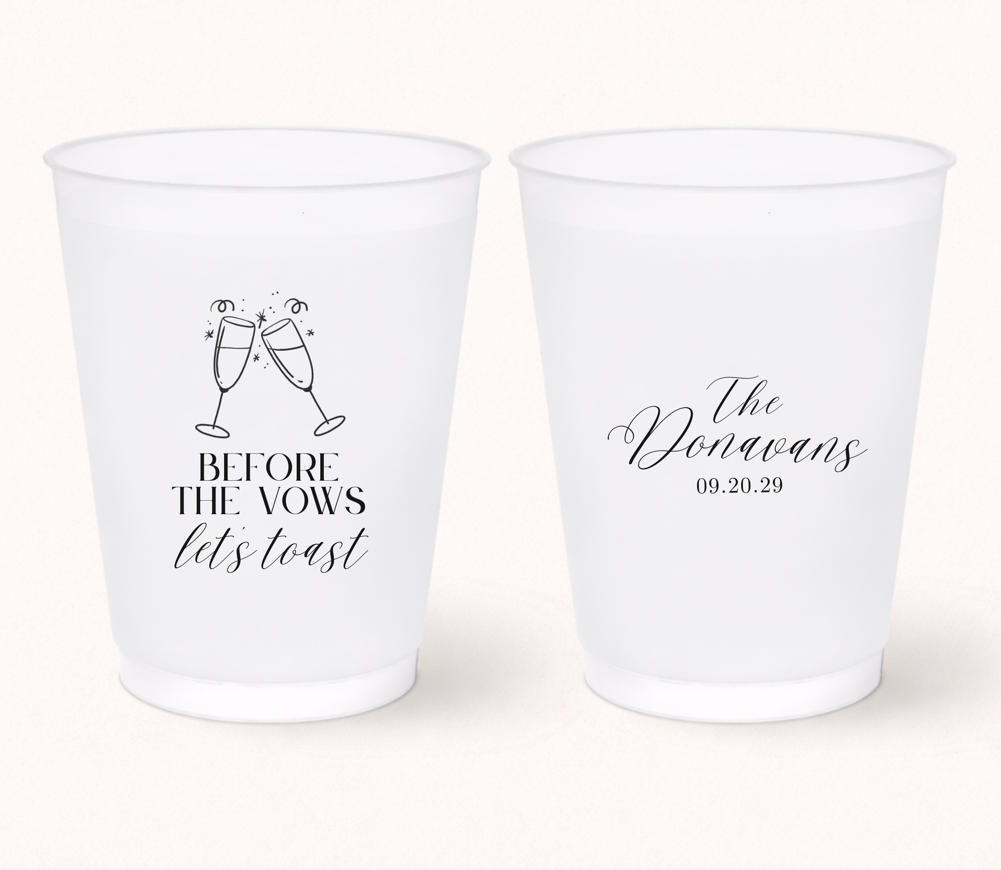 Personalized Before The Vows Let's Toast frosted cups with custom family name and wedding date