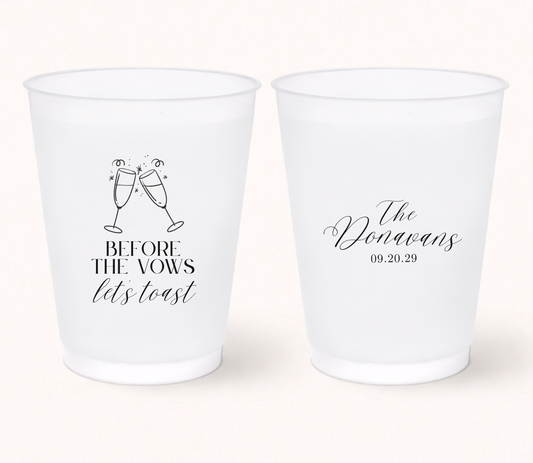 Personalized Before The Vows Let's Toast frosted cups with custom family name and wedding date