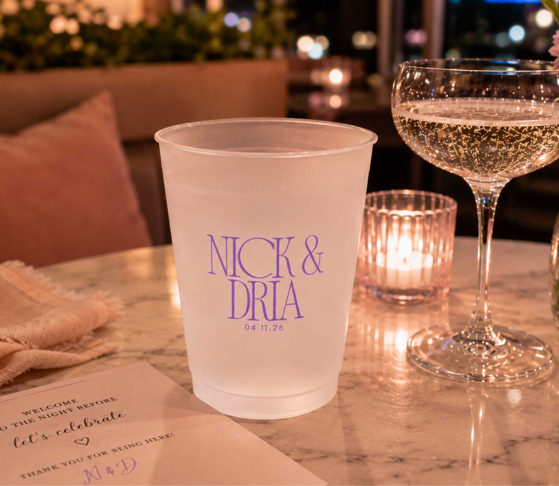 Personalized The Night Before frosted cups with custom couple names and wedding date