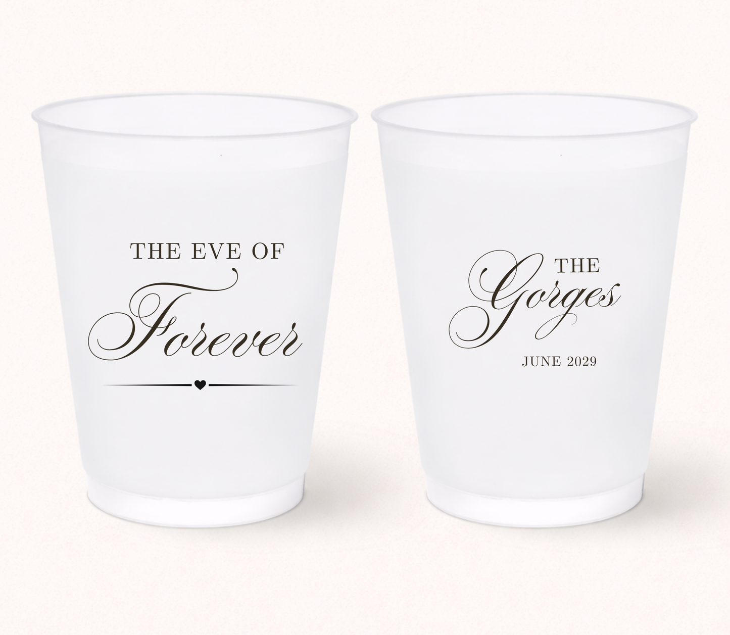 Personalized The Eve Of Forever frosted cups with custom family name and wedding date