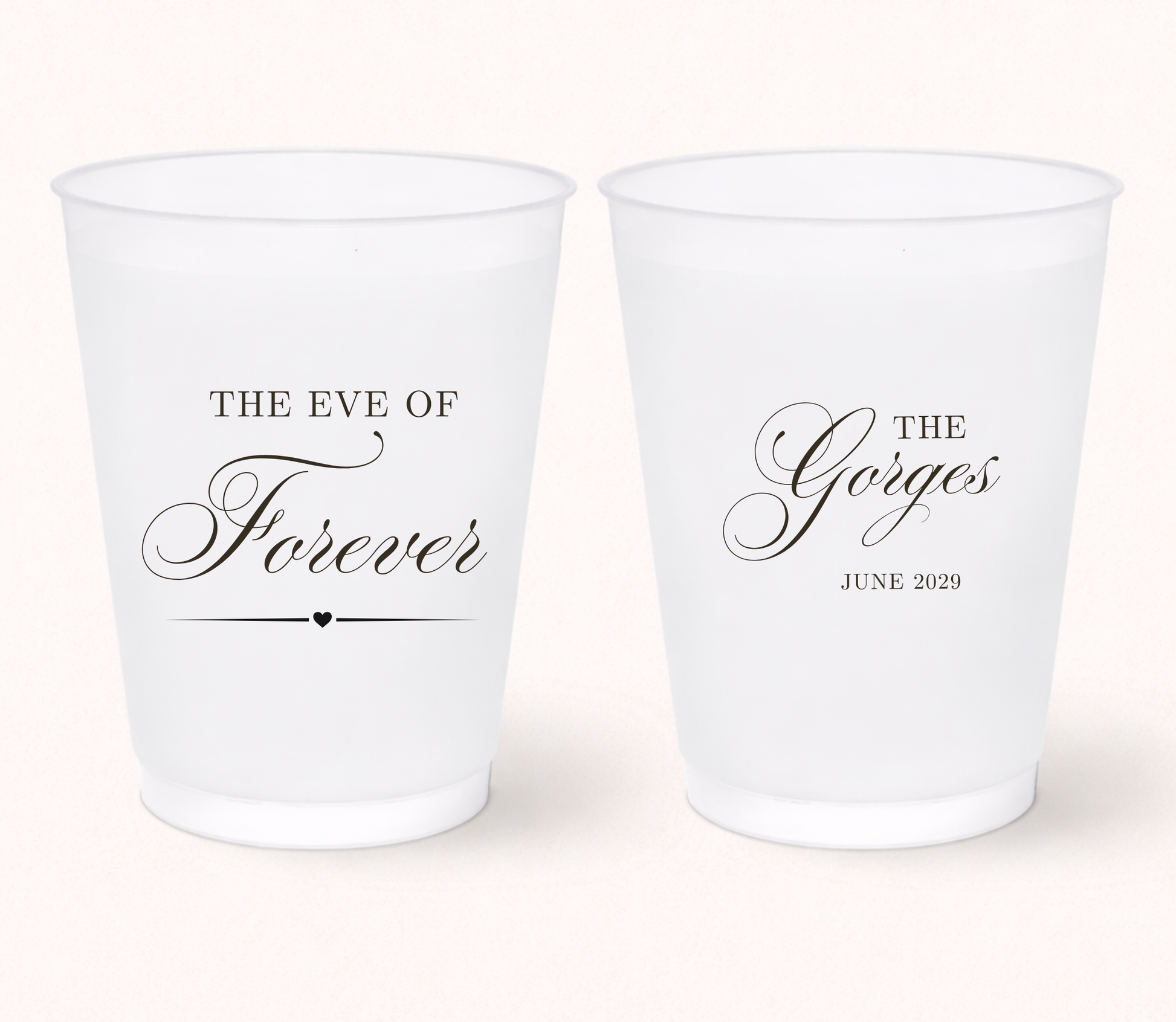 Personalized The Eve Of Forever frosted cups with custom family name and wedding date