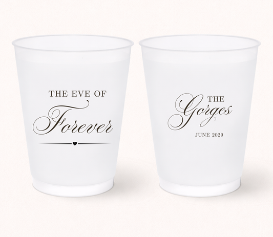 Personalized The Eve Of Forever frosted cups with custom family name and wedding date