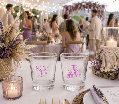 Personalized night before wedding shot glasses with custom couple names wedding date and wedding weekend design