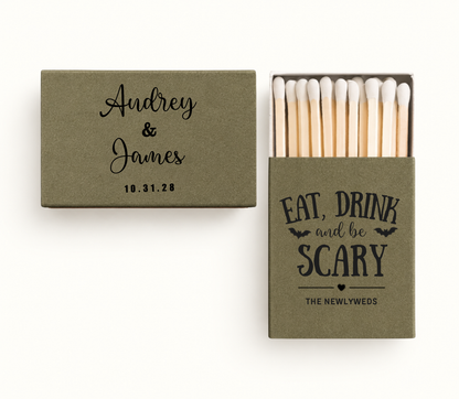 Personalized olive Eat Drink and Be Scary Halloween wedding matchboxes featuring black bats, Audrey and James names, and custom wedding date 10.31.28.