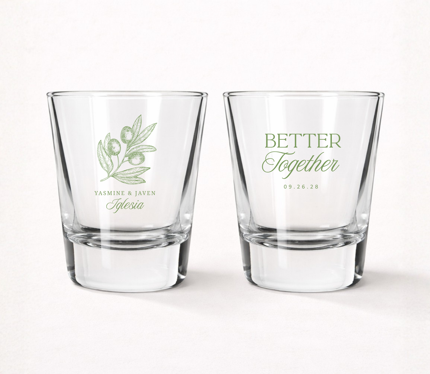 Personalized Better Together Olive wedding shot glasses featuring custom couple names, family name, wedding date, olive branch illustration, and romantic Better Together design.
