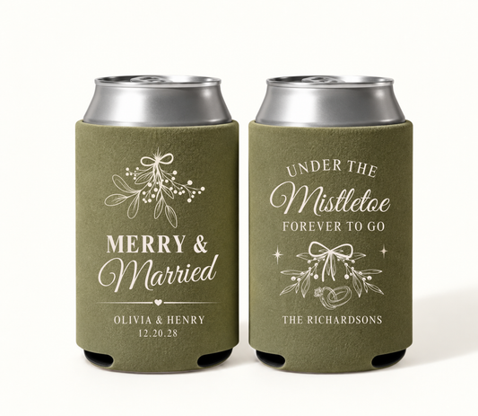 Personalized olive green Merry & Married mistletoe wedding can coolers featuring ivory mistletoe artwork, Olivia and Henry names, The Richardsons surname, and wedding date 12.20.28.