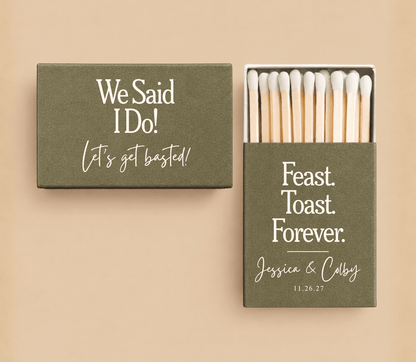 Personalized olive green Thanksgiving wedding matchboxes with Feast Toast Forever design