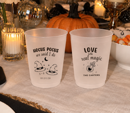Personalized Love Is the Real Magic frosted wedding cups.