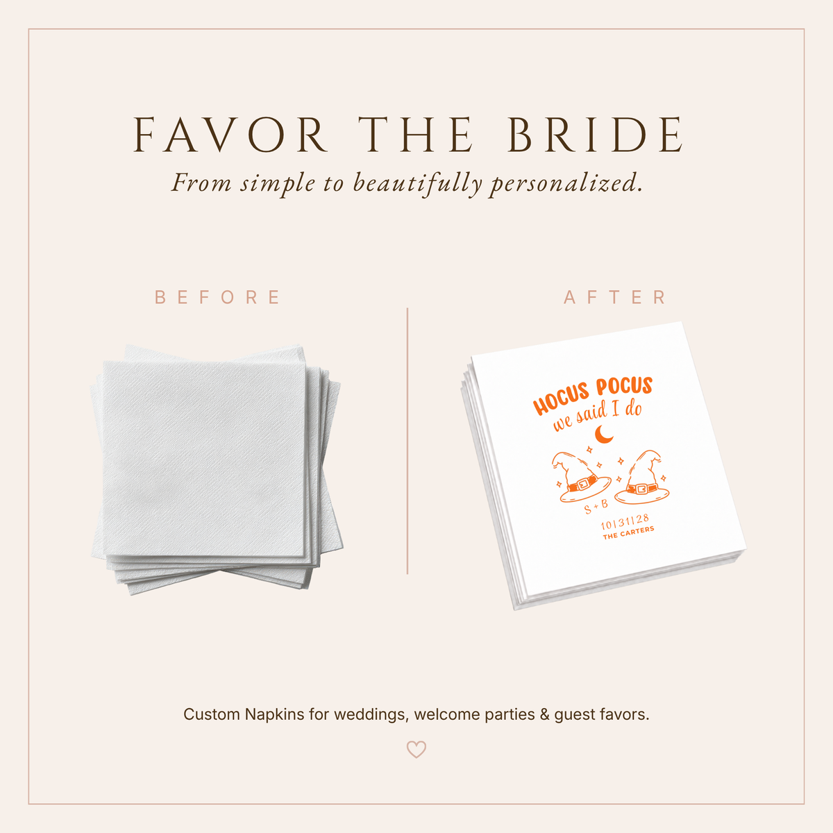 Custom Hocus Pocus Halloween wedding napkins with magical witch hat design.