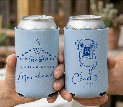 Custom Wedding Can Cooler with Monogram & Pet Portrait | Dog Wedding Favor