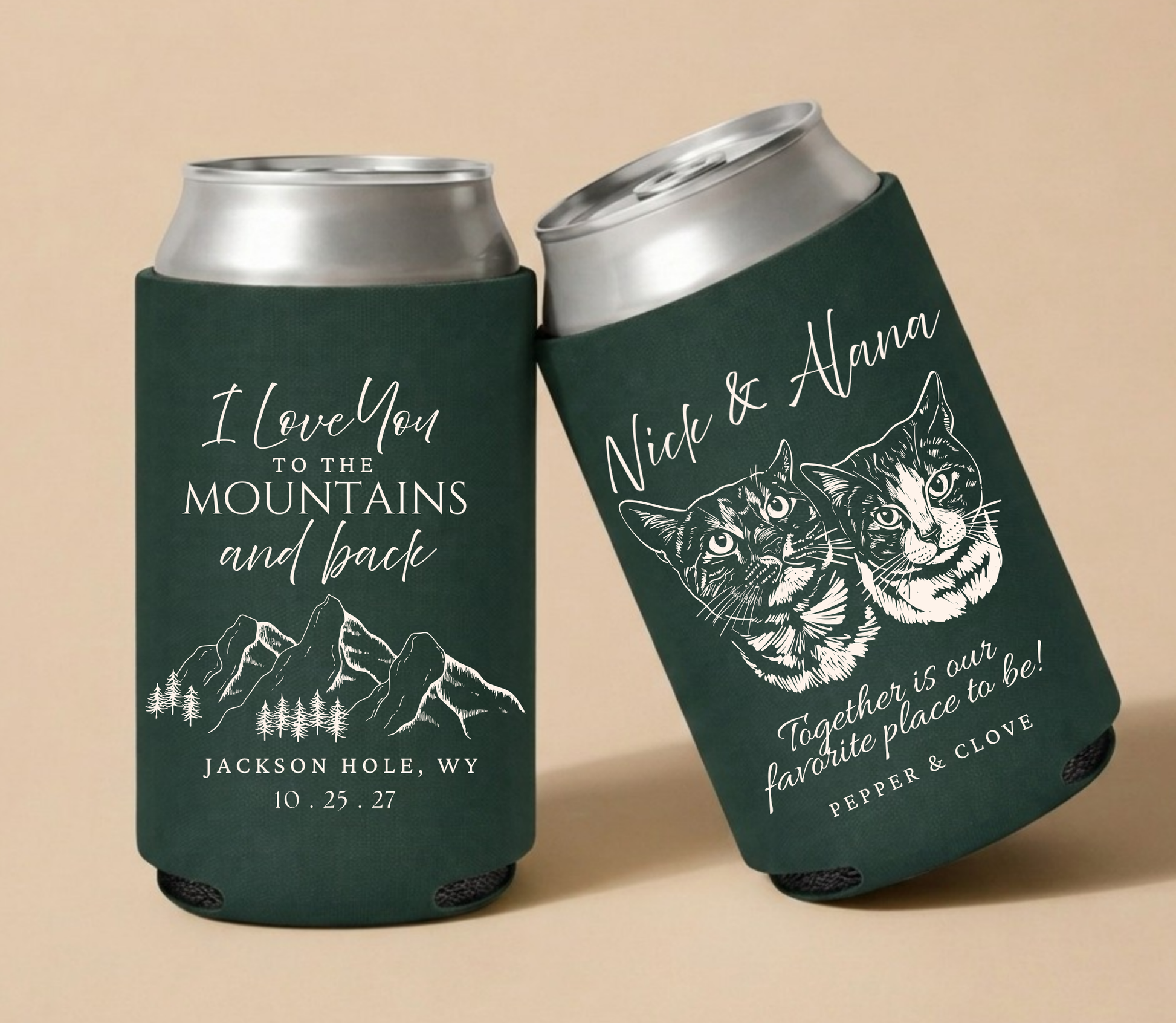 Personalized dog illustration wedding can cooler
Custom pet portrait drink sleeve for wedding
Dog themed wedding favor with names and date
Custom pet design wedding drink holder