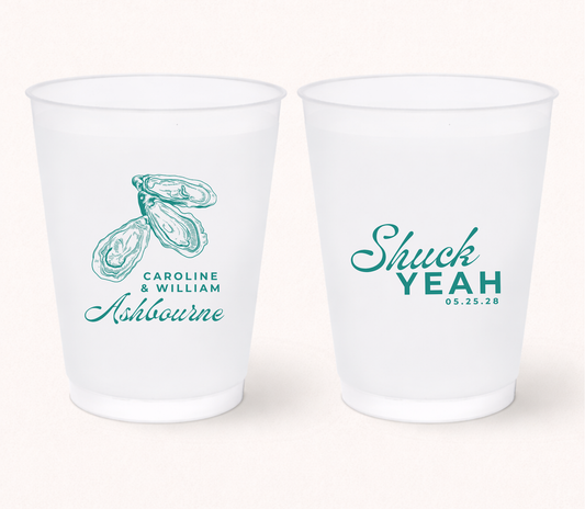 Oyster wedding frosted cups with Shuck Yeah design
Personalized oyster roast wedding cups
Coastal wedding favor drinkware
Beach wedding frosted cups with oyster illustration
Waterfront wedding cups with custom names
Custom oyster wedding cups with wedding date