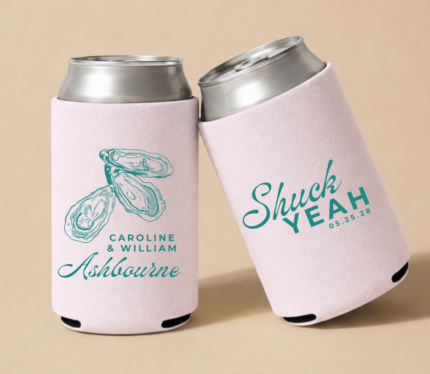 Personalized oyster wedding can coolers with teal oyster shell design on blush pink drink sleeves for coastal wedding favors