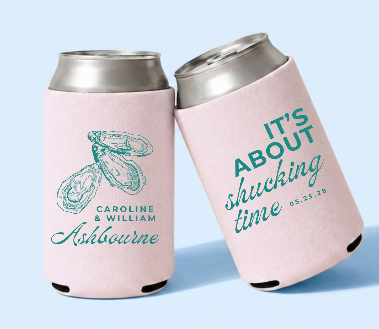 Personalized oyster wedding can coolers with teal oyster shell design and funny coastal wording on blush pink drink sleeves for beach wedding favors