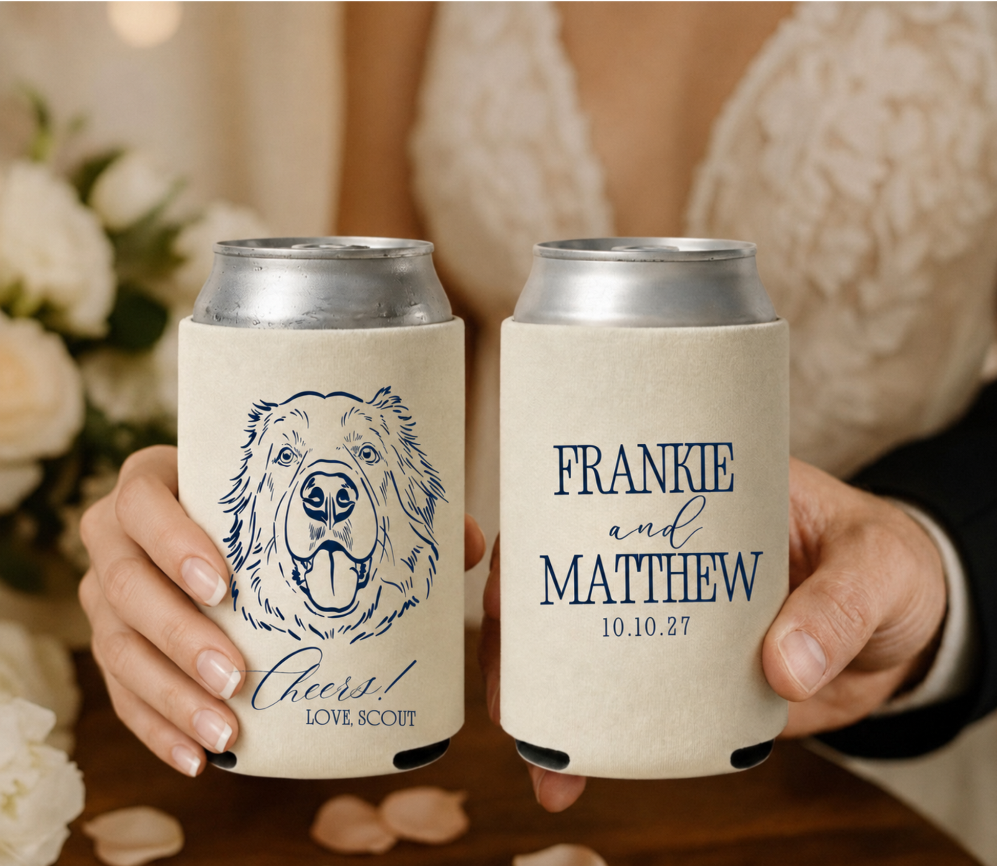 Personalized dog portrait wedding can coolers with navy custom pet artwork on cream drink sleeves for unique wedding favors