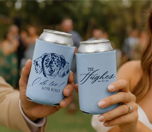 Custom dog portrait wedding can coolers with personalized names and wedding date on light blue drink sleeves