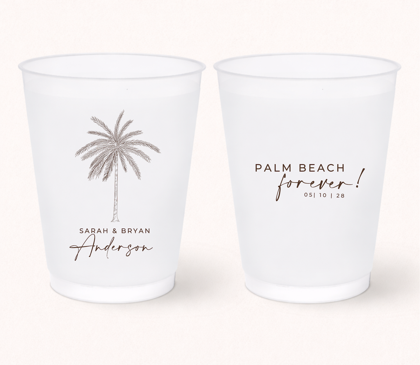 Palm Beach Forever wedding frosted cups with palm tree design
Personalized palm tree wedding cups
Coastal wedding frosted cups with custom names
Beach wedding drinkware with tropical illustration
Destination wedding favor cups
Elegant tropical wedding cups with wedding date