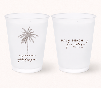Palm Beach Forever wedding frosted cups with palm tree design
Personalized palm tree wedding cups
Coastal wedding frosted cups with custom names
Beach wedding drinkware with tropical illustration
Destination wedding favor cups
Elegant tropical wedding cups with wedding date