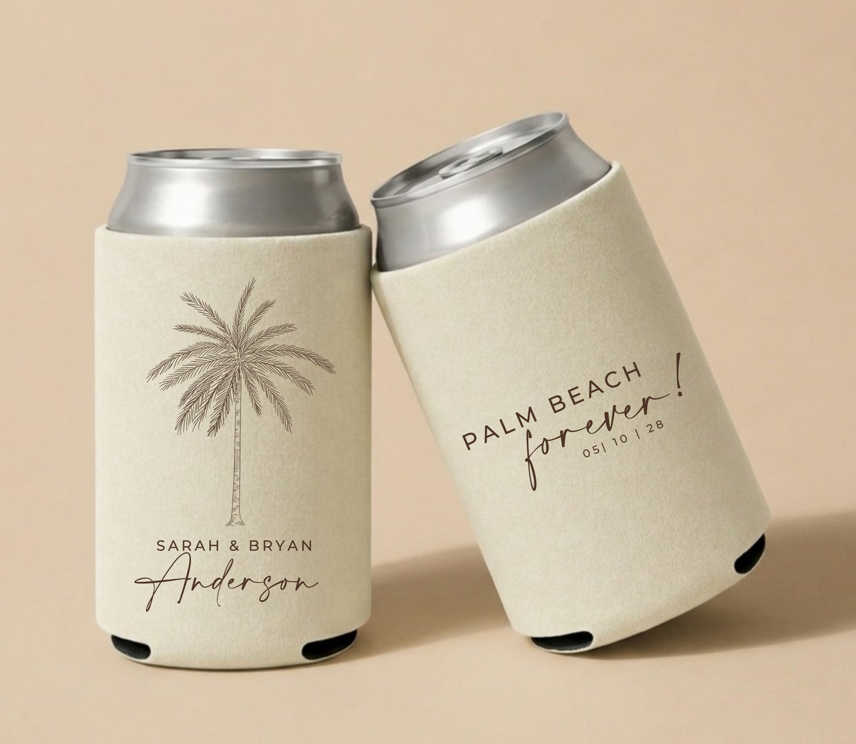 Custom coastal wedding can coolers with palm beach wording, couple names, wedding date, and palm tree artwork

