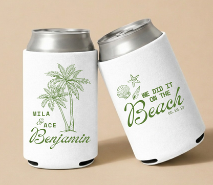 Personalized beach wedding can coolers with green palm tree and seashell designs on white drink sleeves for destination wedding favors