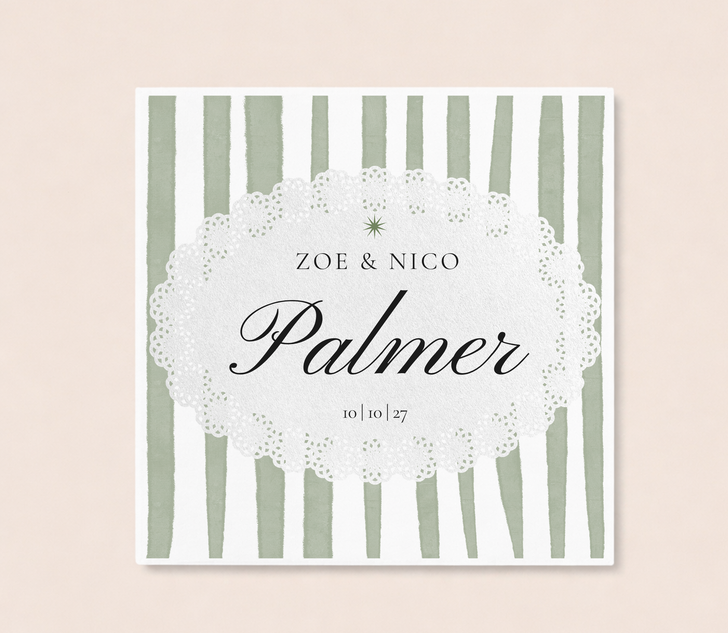 Sage stripe wedding napkin with personalized couple names and wedding date