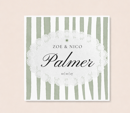 Sage stripe wedding napkin with personalized couple names and wedding date