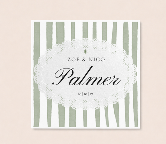 Sage stripe wedding napkin with personalized couple names and wedding date
