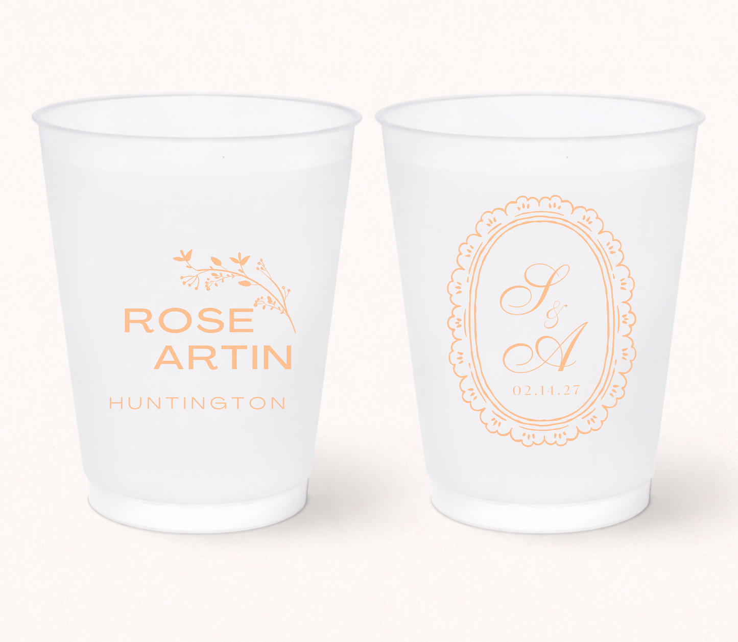Minimalist peach wedding frosted cups
Elegant monogram wedding cups
Custom frosted cups with vintage frame
Romantic personalized wedding drinkware
Modern bridal shower frosted cups
Luxury minimalist wedding favor cups