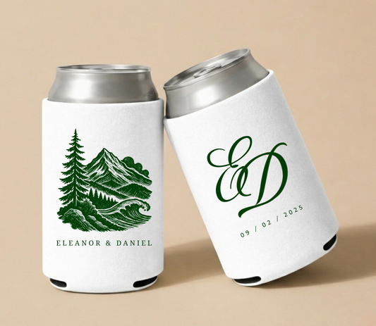 White personalized wedding can coolers featuring a mountain landscape illustration, custom couple names, elegant monogram, and wedding date.

Personalized mountain wedding can cooler with scenic landscape illustration.

White neoprene wedding can cooler featuring personalized initials.

