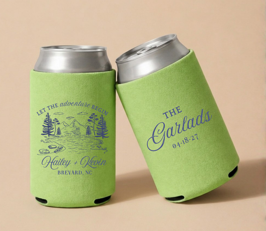 Personalized Adventure Wedding Can Coolers