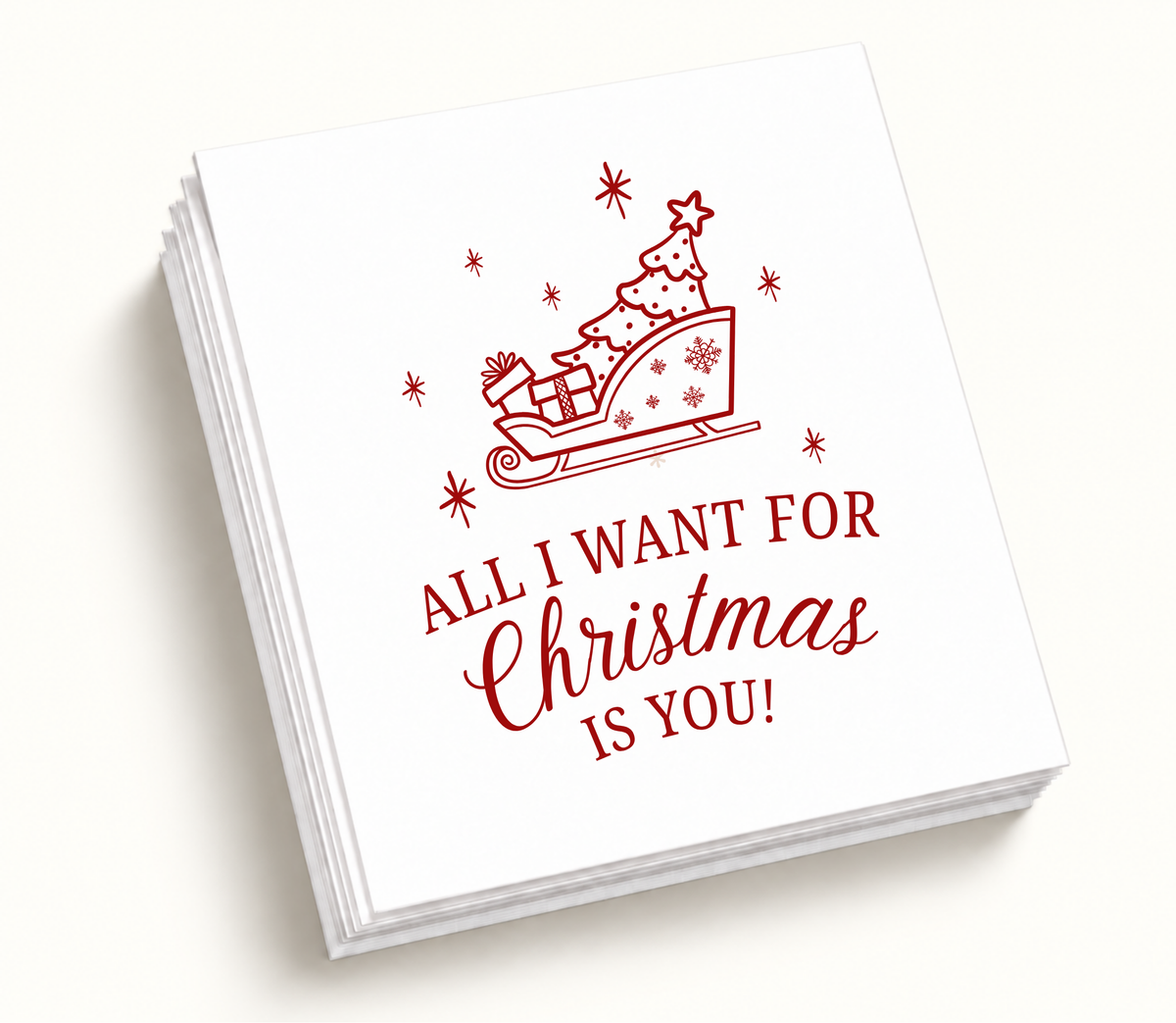 Personalized All I Want For Christmas Is You Christmas wedding napkins featuring white background, red sleigh illustration, holiday artwork, and custom wedding details.