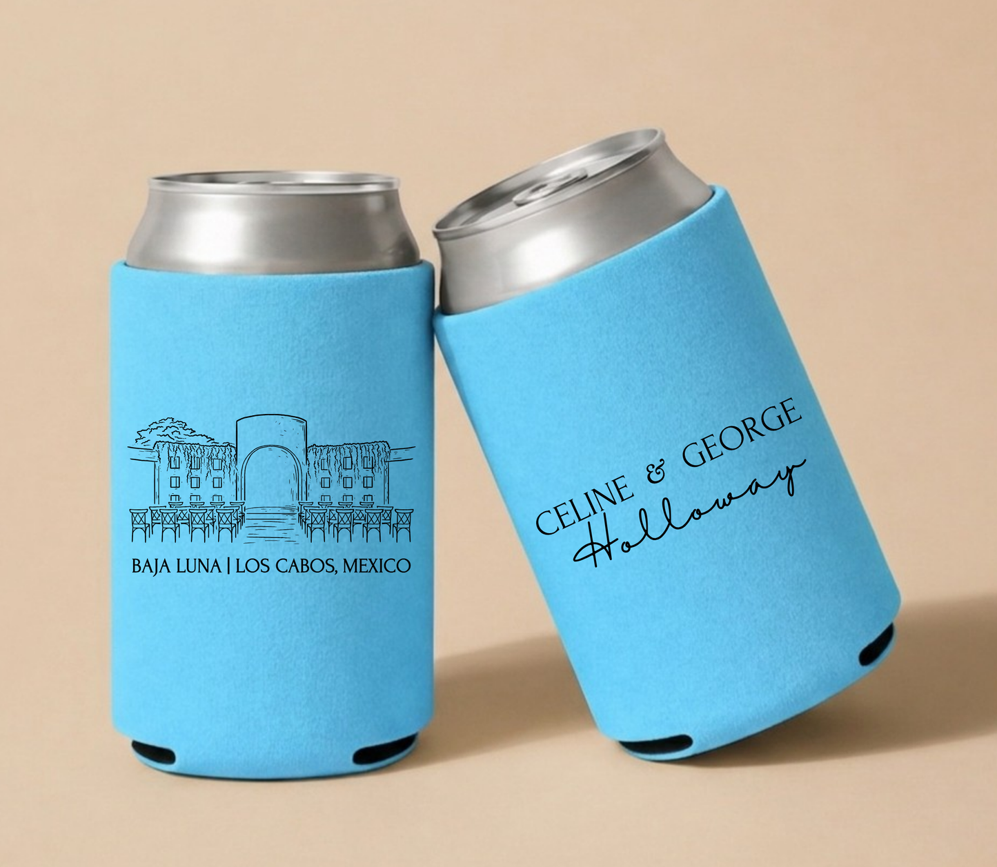 Sky blue personalized wedding can coolers featuring a Baja Luna Los Cabos venue illustration with custom couple names for a destination wedding.
