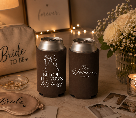 Personalized Before the Vows wedding can cooler with champagne toast artwork.