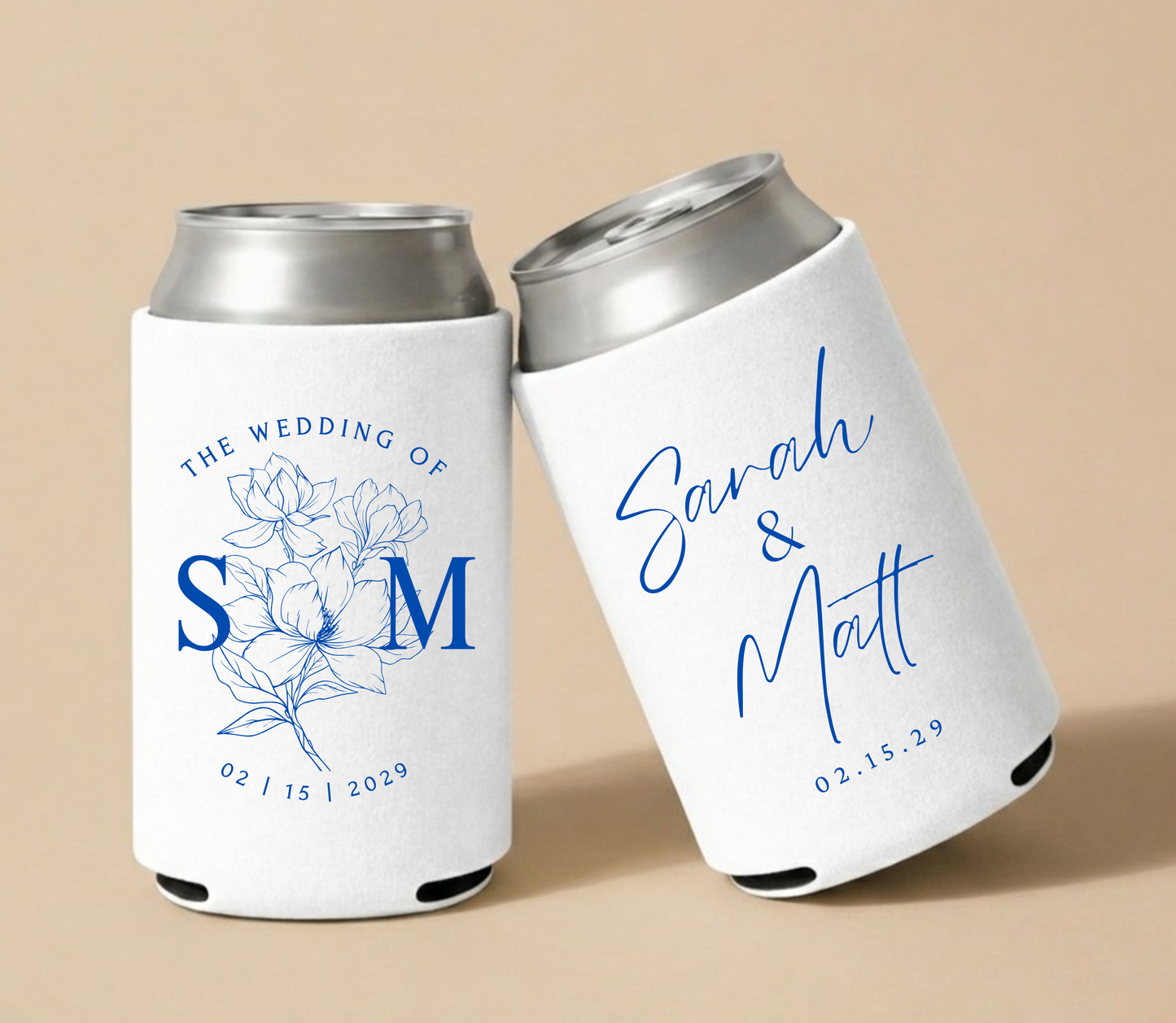 White personalized foam wedding can coolers featuring blue floral illustrations, couple names Sarah and Matt, and wedding date February 15, 2029.
