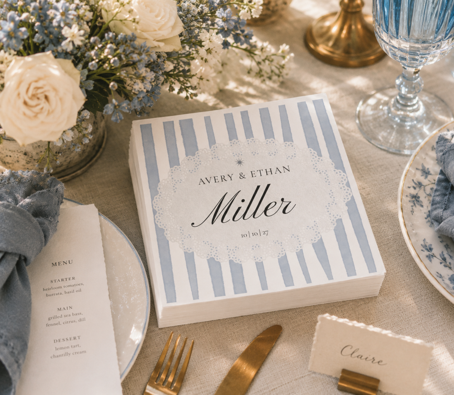 Personalized blue and white wedding cocktail napkins with elegant script design for coastal weddings and bridal showers