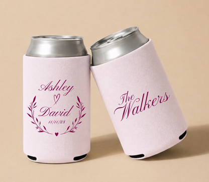 Personalized Blush Pink Botanical Wedding Can Coolers