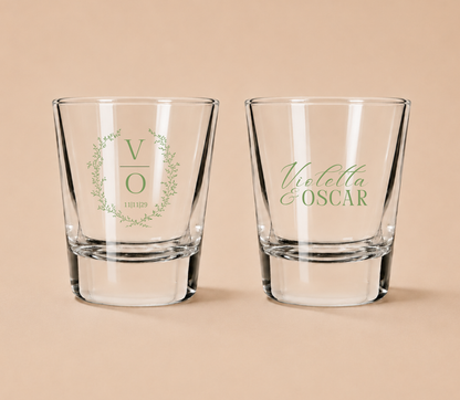 Personalized Botanical Initial Monogram Wedding Shot Glasses