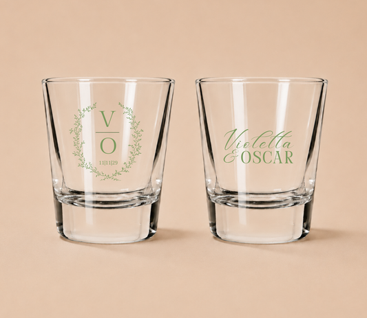 Personalized Botanical Initial Monogram Wedding Shot Glasses