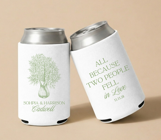 White personalized wedding can coolers featuring elegant botanical artwork, custom couple names Sophia and Harrison, family name Cadwell, and wedding date. 