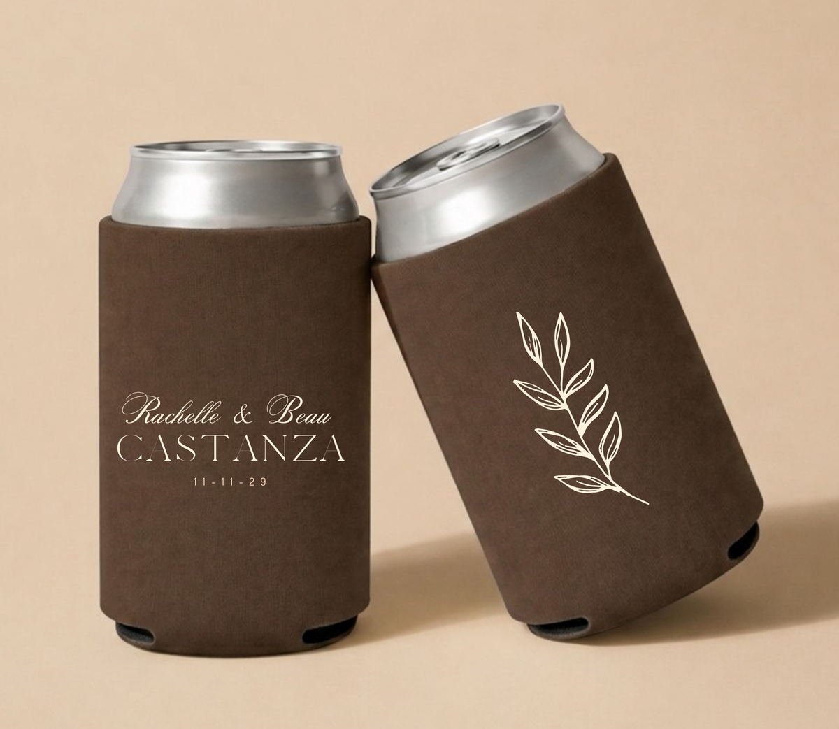 Personalized Brown Botanical Wedding Can Coolers