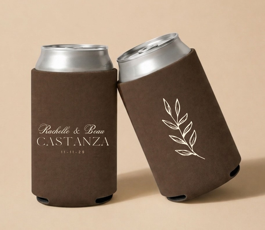 Personalized Brown Botanical Wedding Can Coolers