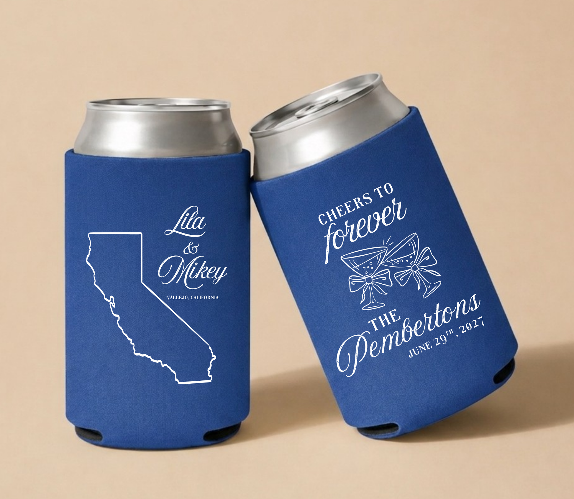Royal blue personalized wedding can coolers featuring a California state outline, couple's names, wedding location, and custom wedding date.
