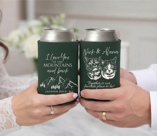 Custom cat portrait wedding can coolers with personalized couple names, pet name, and wedding date on lavender drink sleeves