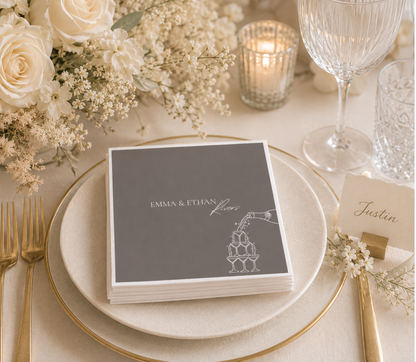 Custom wedding napkins with couple names and forever wording for elegant cocktail hour tables