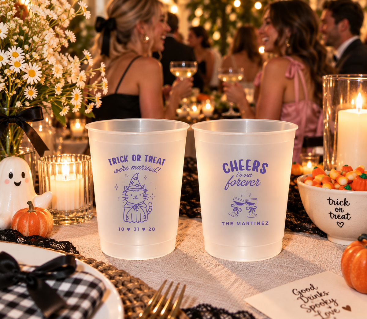 Cute purple witch cat Halloween wedding cups with custom date.
